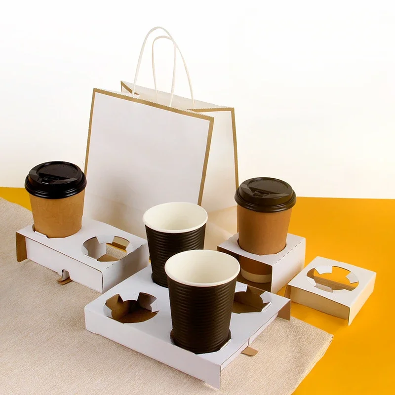 25pcs Disposable Milk Tea Paper Cup Holder Kraft Cardboard Anti Spill Takeout Packaging Bottom Tray White  Double Cups Holder