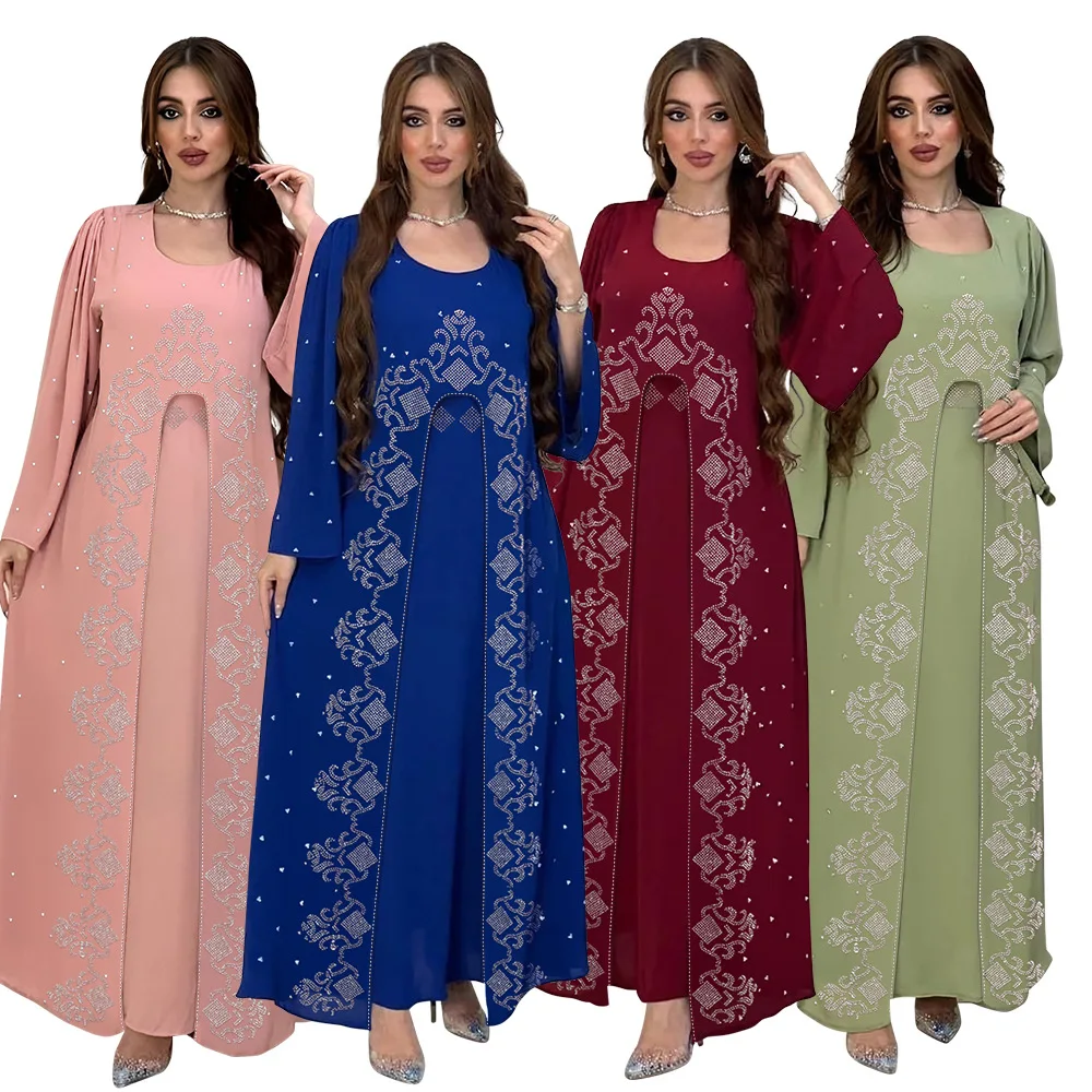 Muslim Fashion Dresses 2023 Summer Autumn Fashion Muslim Long Sleeve Polyester Blue Pink Green Long Abaya Muslim Abaya Dress