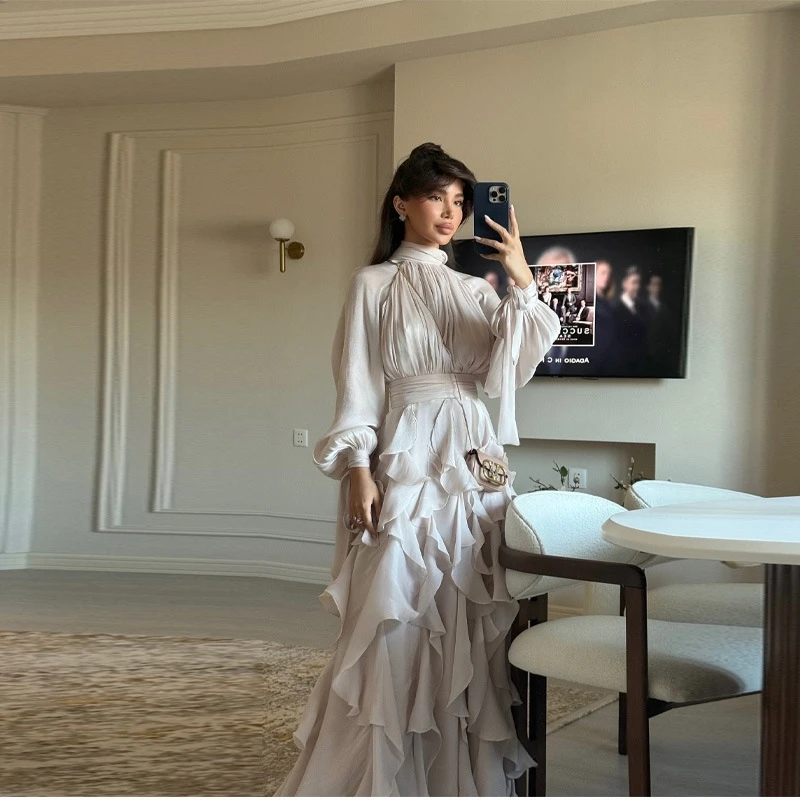 

Женское блестящее многоярусное длинное платье с рюшами, элегантное платье макси с воротником-фонариком и высокой талией, с шарфом, женские вечерние халаты