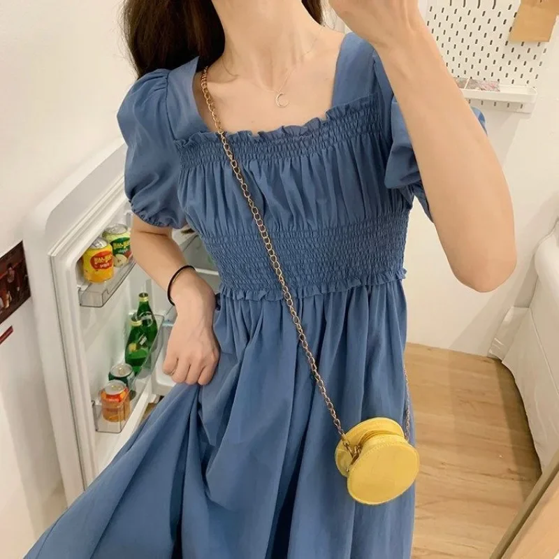 Cool Girls Black Dresses Summer Solid Colors Mid-Length Puff Sleeve Dresses Women New Fashion Square Collar Dress Slim A-Line