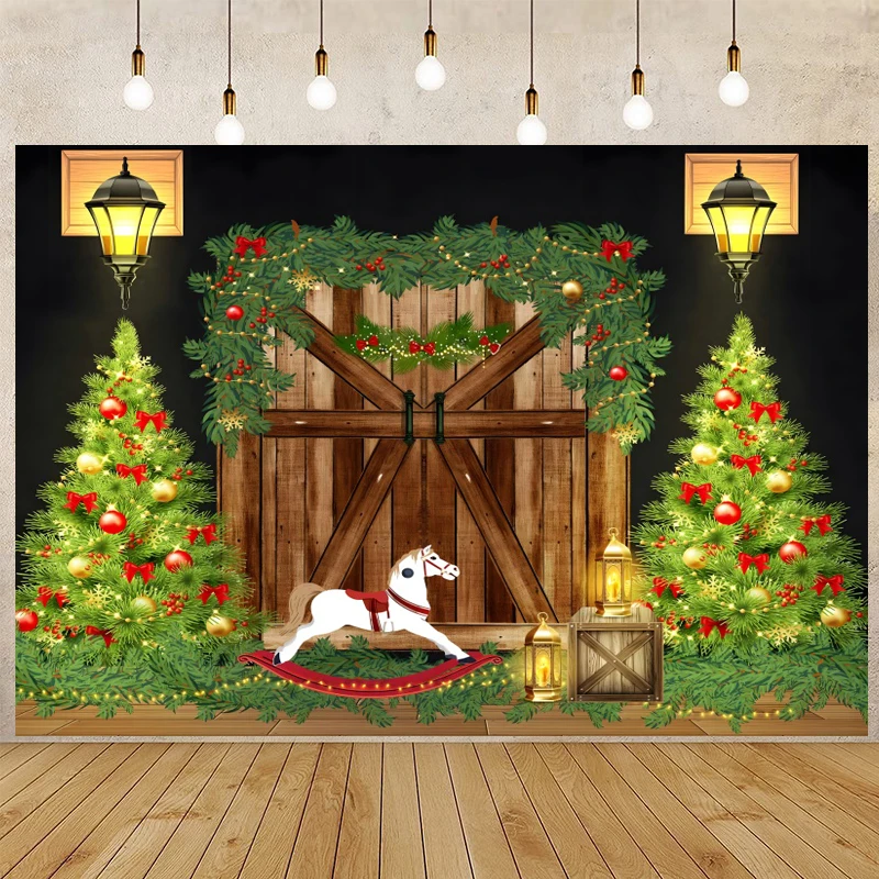 Green Christmas Trees Wooden Door Kids Portrait Backdrop Photography Horse Toyes Newborn Baby Shower Photo Backgrounds Vinyl