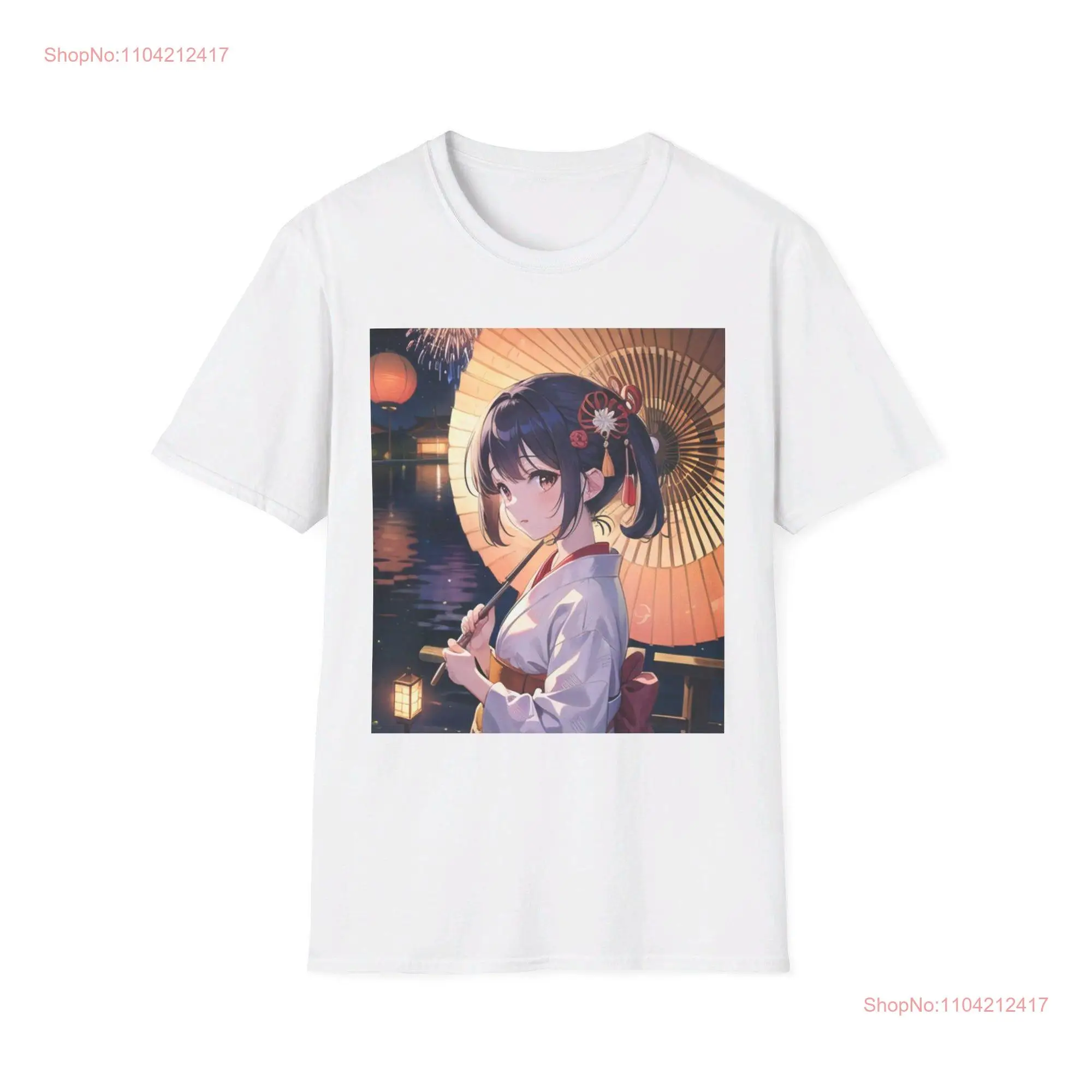 Kimono girl Hanabi river hat Japan night cute white Softstyle T Shirt long or short sleeves