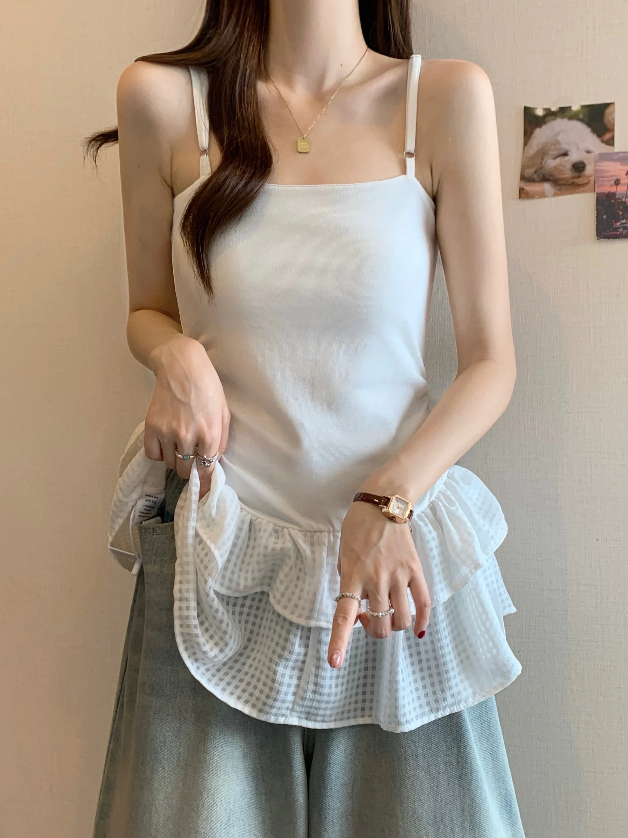 Camiseta sin mangas oversize para mujer Ballet Sle con ribete de encaje, prenda interior para capas, estilo dulce princesa, corte ajustado, cintura alta, mezcla de algodón