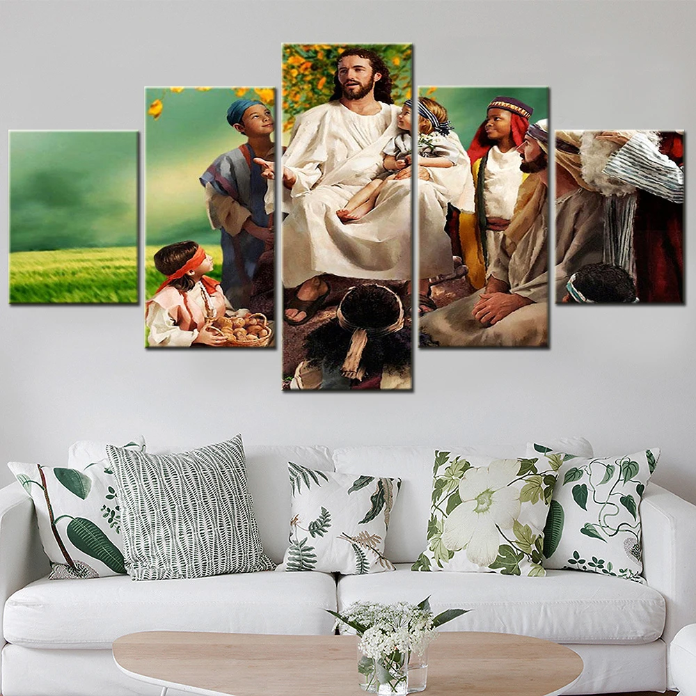 

5 Pieces Canvas Wall Arts Poster Painting Jesus Christ And Children Of God Wallpaper Home Decorative Living Room Picture Print