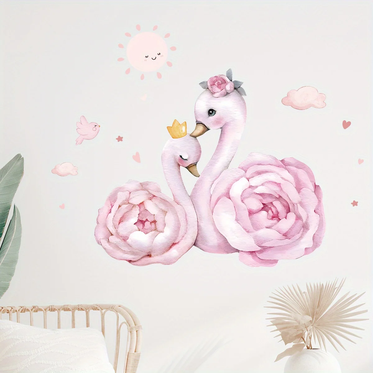 Cartoon Cute Pink Swan Bird Cloud Animal Wall Stickers Removable for Bedroom Living Room Nursery Decoration Wall Decals