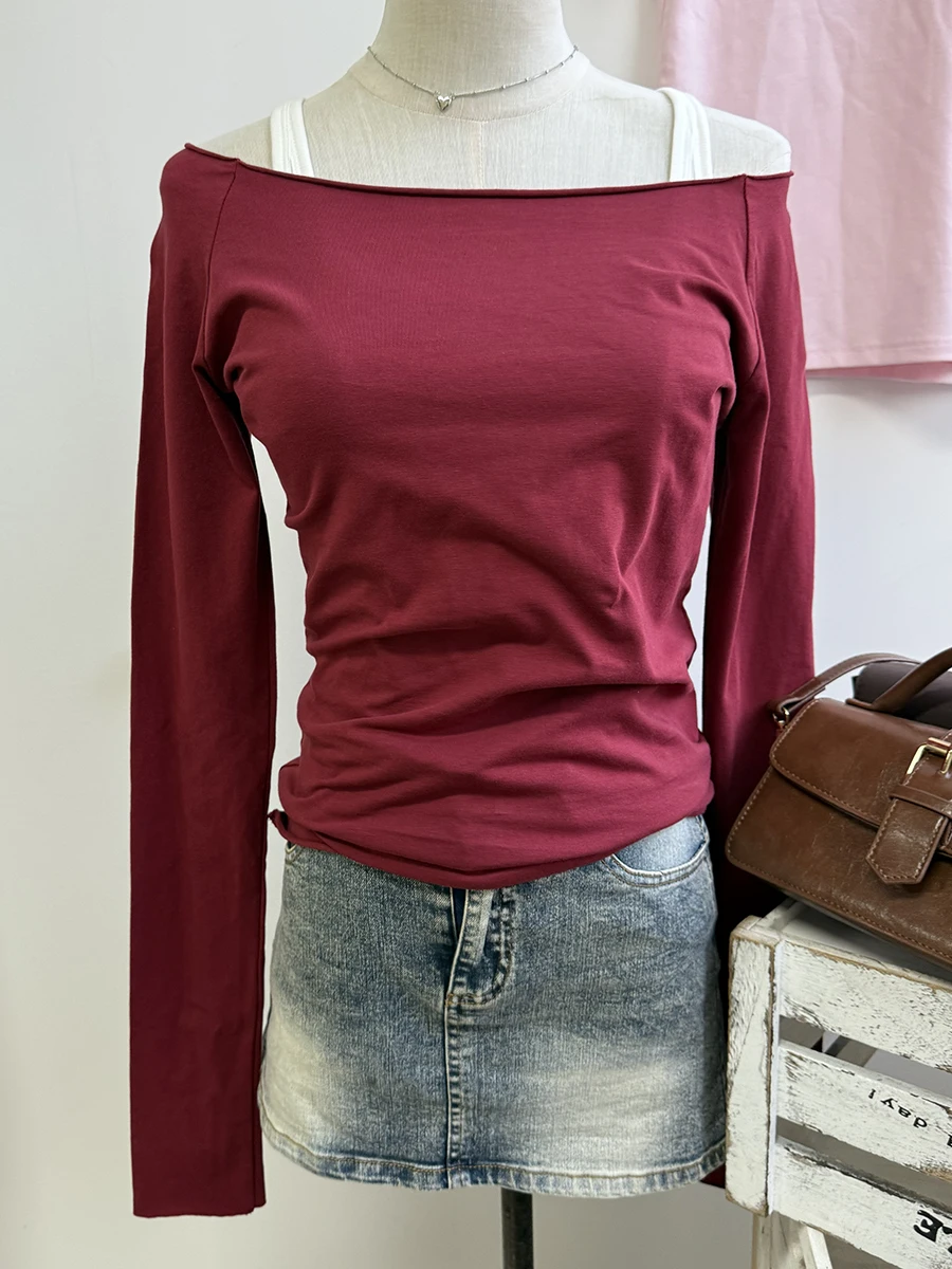 

Red Slim Long Sleeve Tee Women Spring Simple Basic Slash Neck Casual Raw Hem Cotton Tops Female Vintage Chic Red Y2K T-shirts