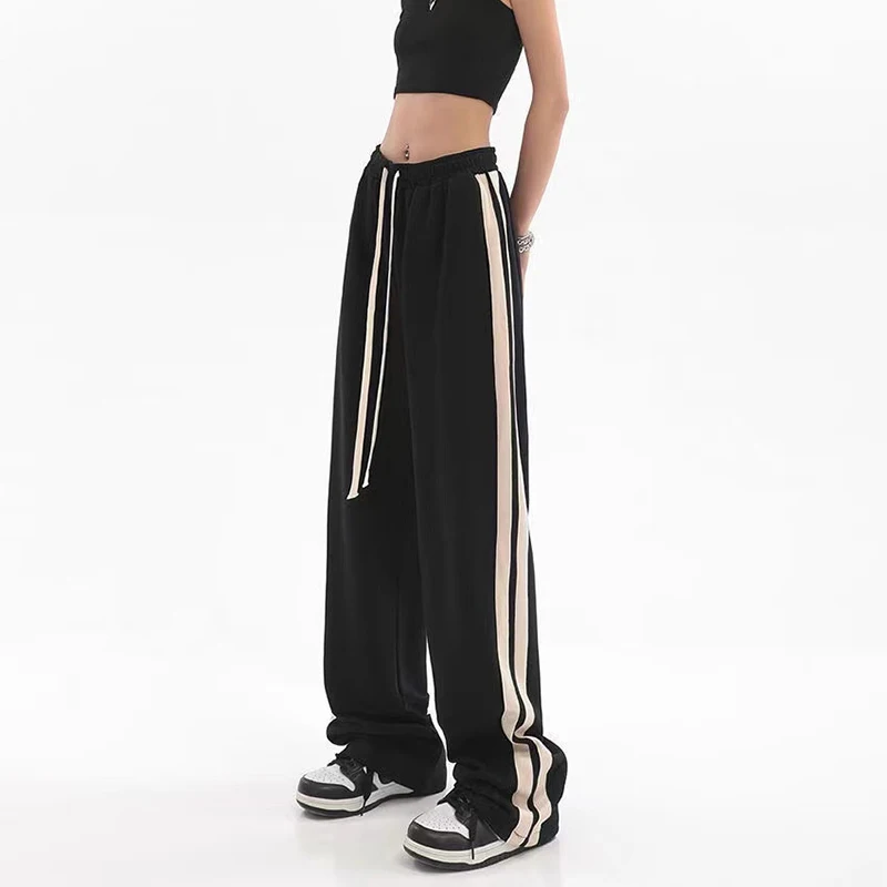 MEXZT Striped Joggers Sweatpants Bf Hip Hop Women High Waist Wide Leg Sports Pants Streetwear Drawstring Baggy Straight Trousers