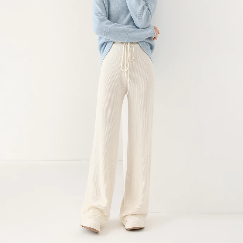 100% pure cashmere wide-leg pants autumn and winter new women's solid color side twist long pants thick warm wool pants