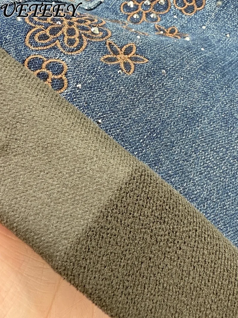 Fleece-Lined Denim Straight-Leg Pants for Women Winter New High-Waisted Loose Slimming Retro Embroidered Rhinestone Jeans