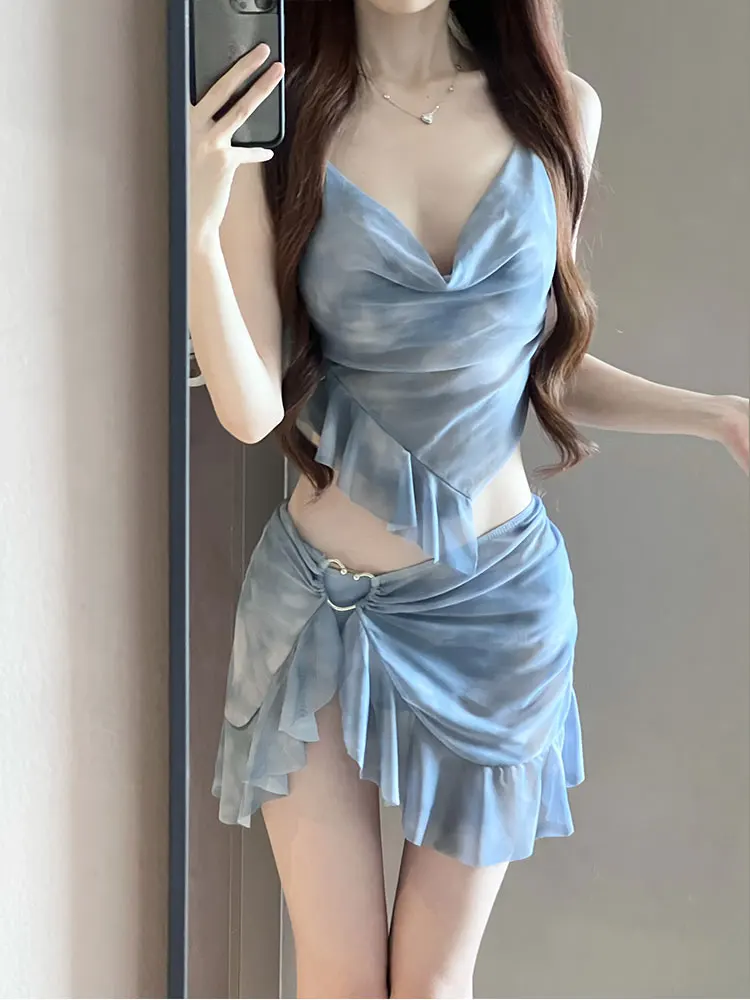 

Women's Bikini Swimsuit Tee-piece Set Conservative Meat Covering Beach Vaion Onsen Split Swimwear ey Blue High-End Fee...