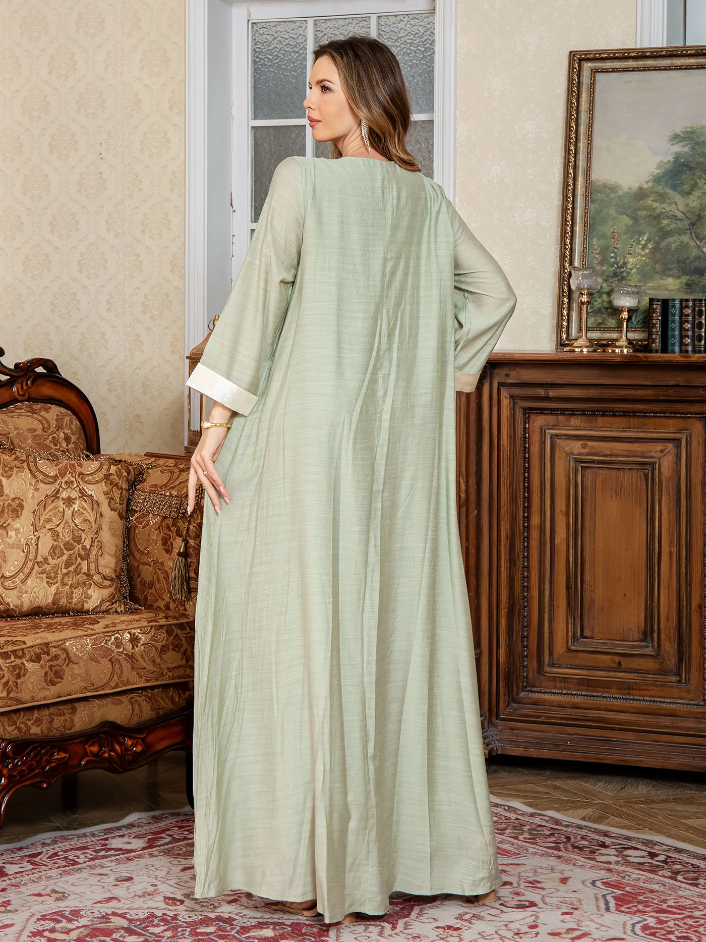 Muslim New Fashion Women's Casual Trendy Solid Color Embroideried Loose Long Sleeve Sash Pullover Abaya Female Middle East Arab