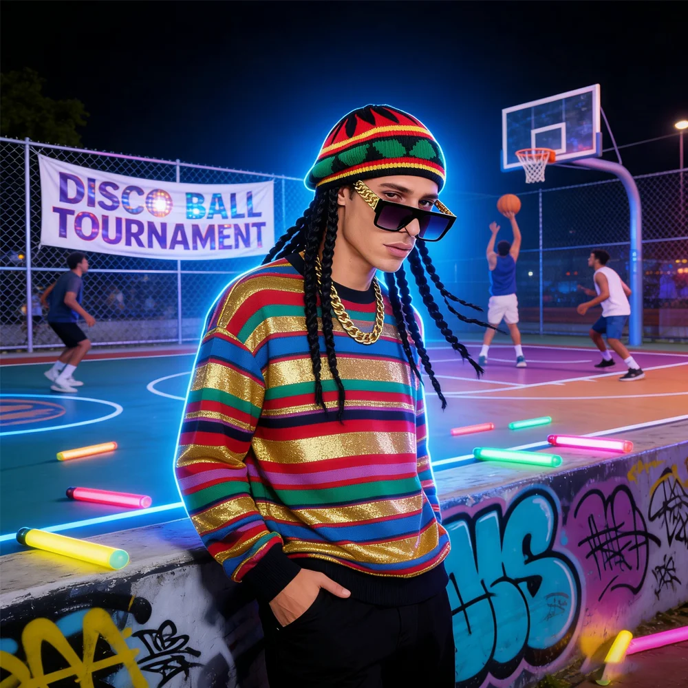 PESENAR 90s Retro Rastafarian Disco Set - Knit Hat with Braids, Gold Square Sunglasses