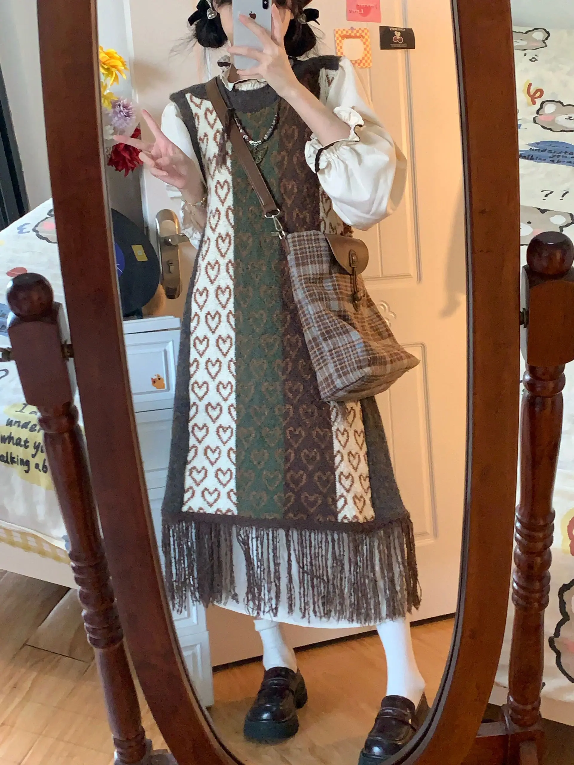 Women's Knitted Shirt Dress Set with Tassel Detail Spring Autumn Small Size Retro Style Two Piece Suit Polyester Long Sleeve