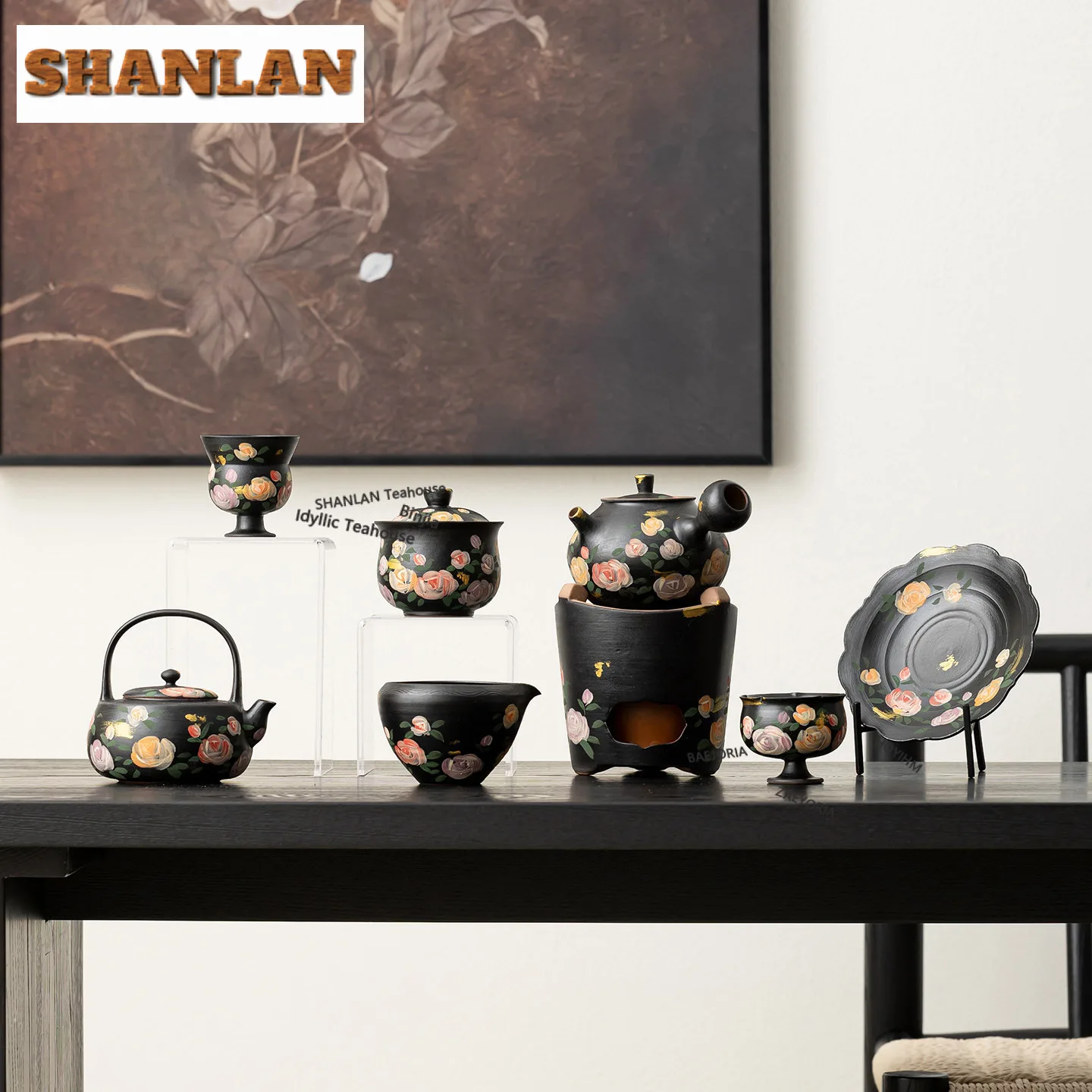 Black Pottery Rose Gold Drawing Tea Warmer Holder Alcohol Burner Stove Kettle Stand Boiling Water Carbon Furnace Tea Items Craft