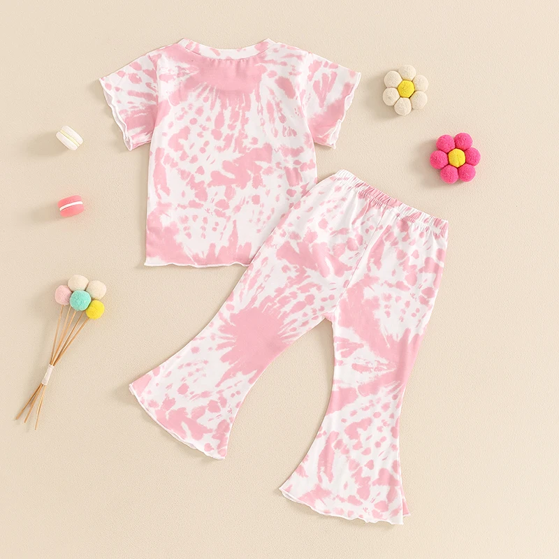 Kid Girls Pants Set Tie-dye Print Short Sleeve Crew Neck T-shirt with Flare Pants Summer Outfit