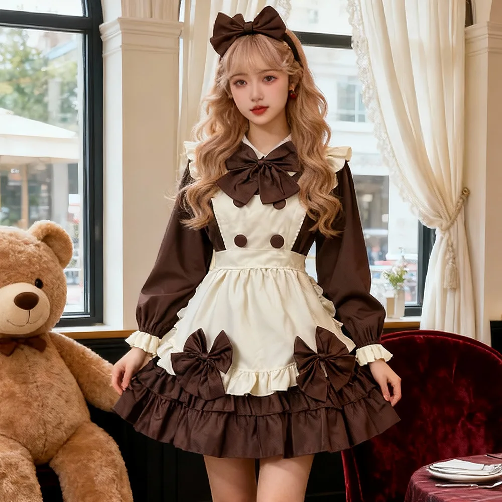 

Halloween Cosplay Costume Cute Maid Cafe Lolita Dress Apron Bow Suit Retro Theme Party Role Playing Outfits for Adult Women