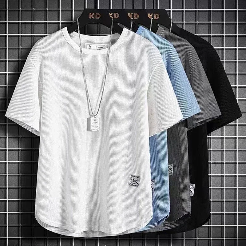 

Casual Solid Color Badge Ice Silk Man T-shirt Summer Half Sleeve High Quality Round Neck Loose Hong Kong Style Fashion Male Top