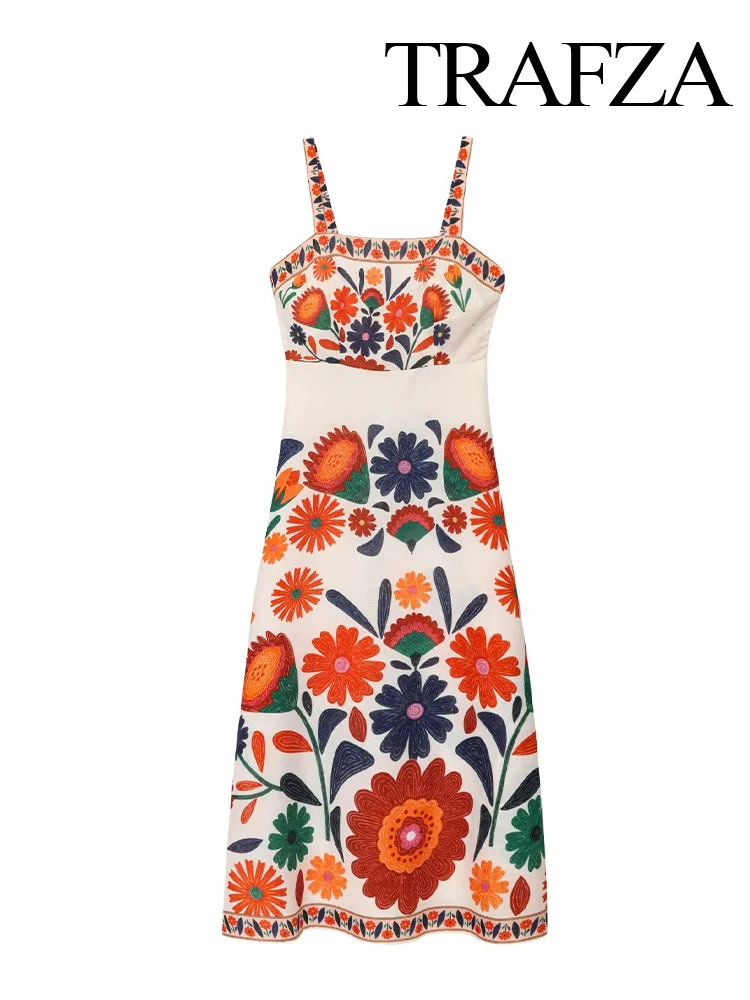 

TRAFZA Women's Summer Fashion Square Collar Floral Print Midi Sleeveless Dress Female Elegant Zipper Causal Suspender Long Dress