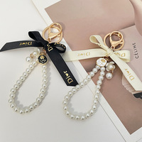 Imitation Pearl Keychain Sweet Letters Ribbon Bowknot Keyring Accessories Metal Buckle Women Bag Charms Best Gifts Jewelry