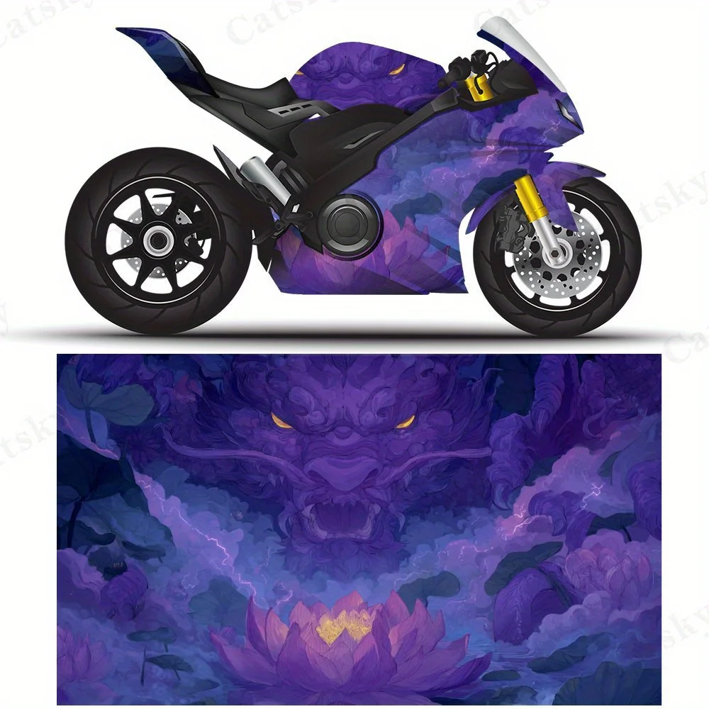 Purple Dragon &Lotus Stickers, Durable PVC Adhesive Decals for Motorcycle Customization, Weather-Resistant Protective Cover with