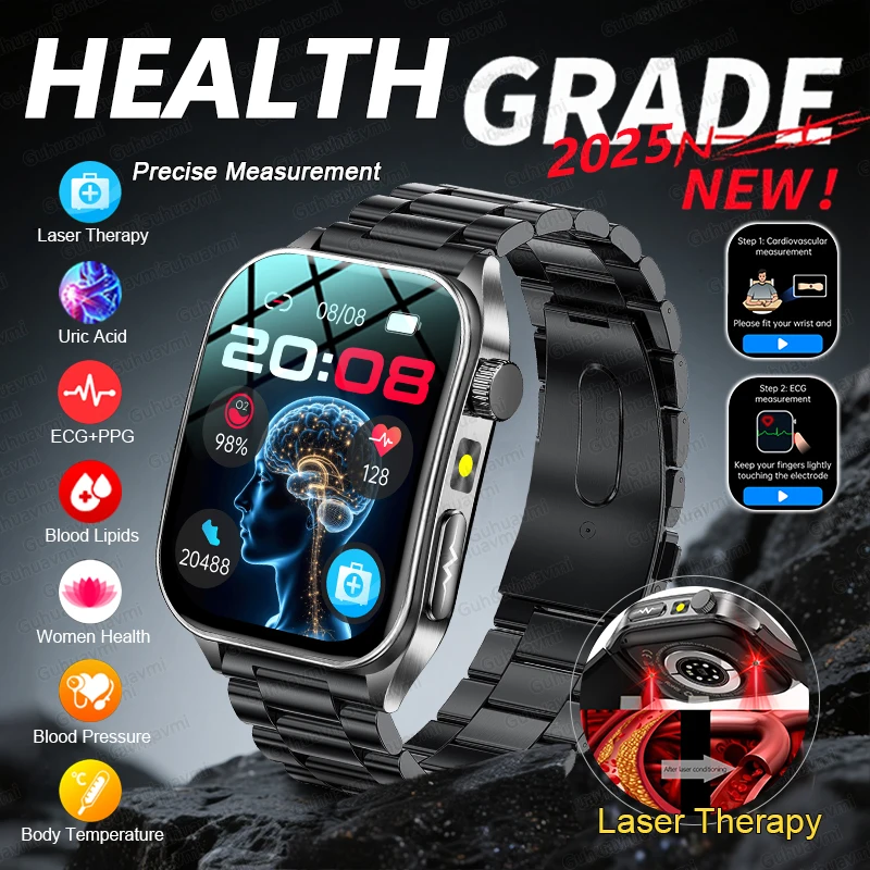 2025Новые неинвазивные лазерные часы Three High Смарт-часы для измерения жира в крови Мочевая кислота ЭКГ Диагностика здоровья Смарт-часы IP68 водонепроницаемые