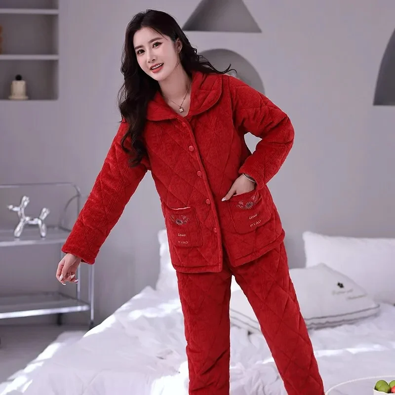 

2023 New Minimalist Pajamas Women With Three Layers Cotton Thickened Plush Coral Velvet Flannel Warmth Mom Home Wear Winter Set