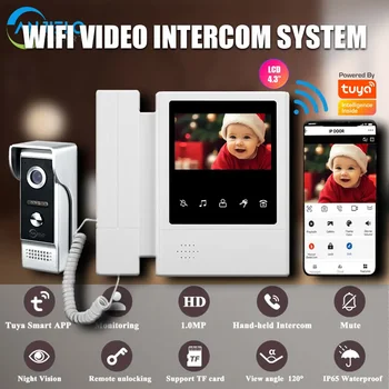 Tuya-Smart LCD إنترفون فيديو الجرس ، 4.3 بوصة ، 1.0MP ، المراقبة المنزلية ، الفيديو باب الهاتف ، مقاوم للماء الأشعة تحت الحمراء للرؤية الليلية