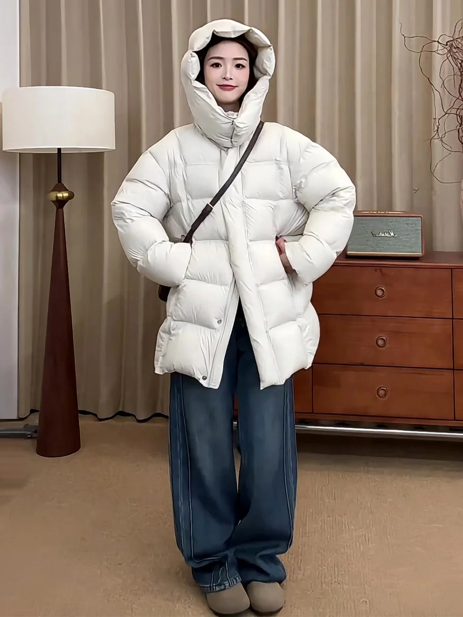 

Women's Casual Hooded Mid-Length Thiened White Du down Jaet Winter Coat Loose Fit Warm Outerwear Korean Sle Commute