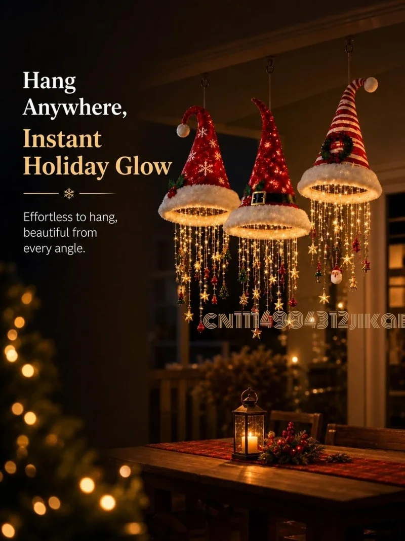 Lighted Santa Hat Hanging Chandelier, Indoor Outdoor Christmas Decor,Warm LED Christmas String Light with Festive Tassels - view 3