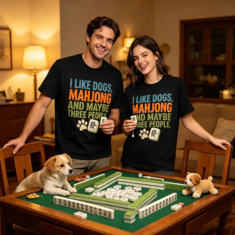 I Like Dogs Mahjong and Maybe Three People Vintage Mah Jong T-Shirt Y2k Life Style Pet Dog Play Mahjong Graphic Saying Tee Gift