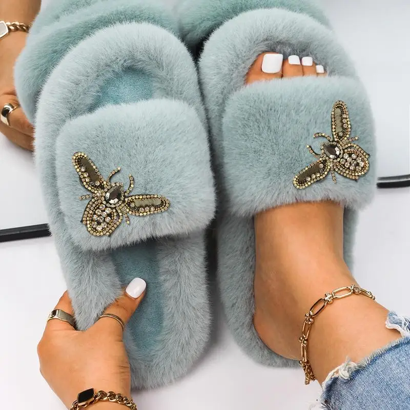 Indoor Fur Slippers for Women Rhinestone Crystal Insect Fur Slides Flip Flops Home Fur Soft Warm Platform Shoes House Sandals