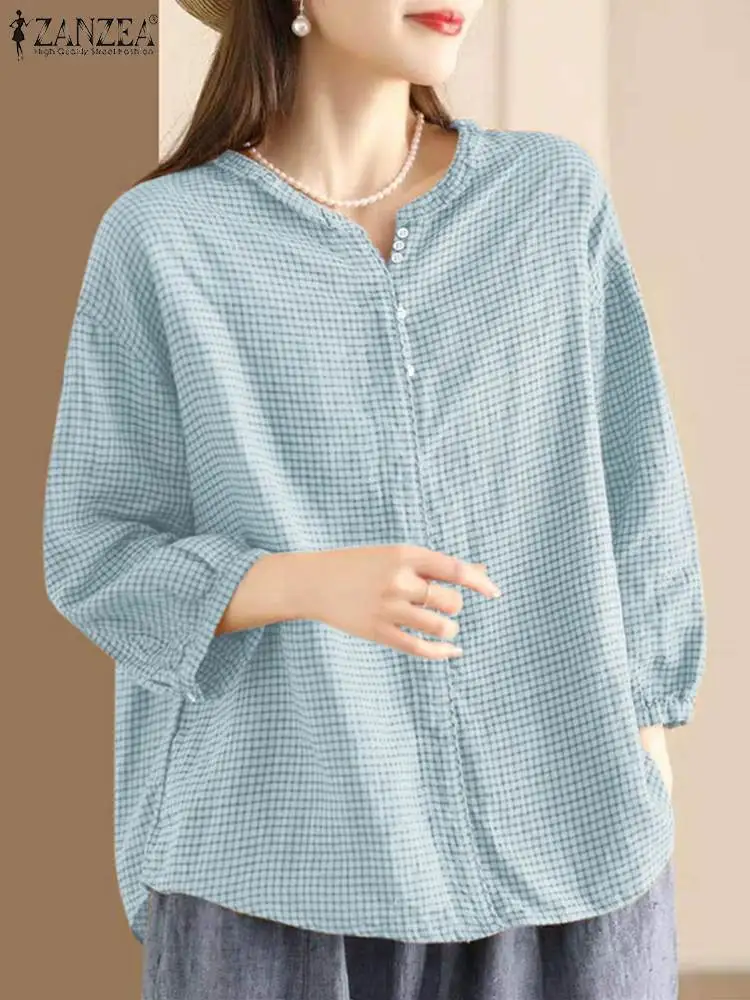 ZANZEA Fall 2024 3/4 Sleeve Gingham Blouses Checked Women Harajuku Ruffles Blusas Korean Fashion Holiday Casual Loose Shirt Tops