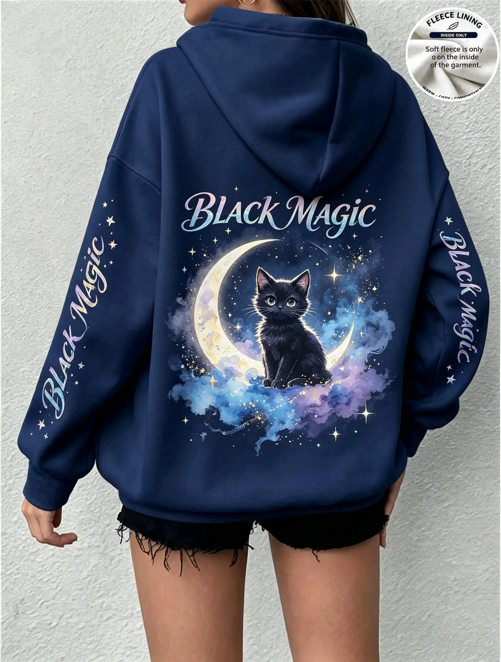 Women Fleece Hoodie Star Magic Moon Cat Back Print Long Sleeve Loose Sweatshirt