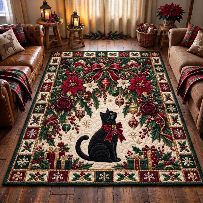 VIKAMA Christmas Cat Poinsettia Rose Area Rug Soft Cozy Warm Non Slip Living Room Hallway Runner Modern Farmhouse Home Decor