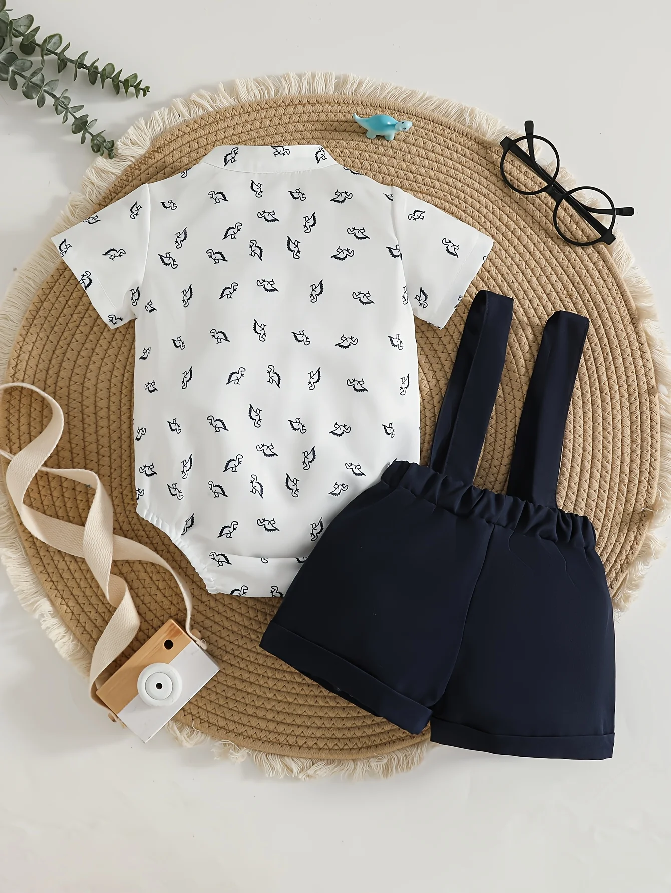 Baby Boy Summer Outfit Set Dinosaur Print Stand Collar Romper with Bow Tie Navy Suspender Shorts Infant Birthday Suit