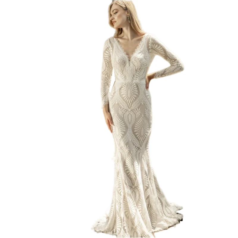 Gaun Pengantin Putri Duyung Renda Bohemian Gaun Pengantin Pantai Lengan Panjang Pakaian Pengantin Musim Panas Punggung Terbuka Kerah V Dibuat Sesuai Pesanan