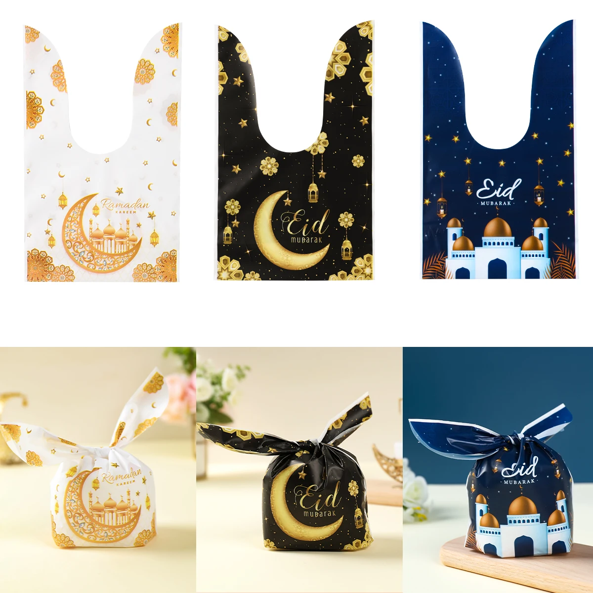 Eid Mubarak Rabbit Ear Candy Bags Plastic Cookie Bags Muslim Islamic Party Baking Package Ramadan Kareem Supplies Eid Decor