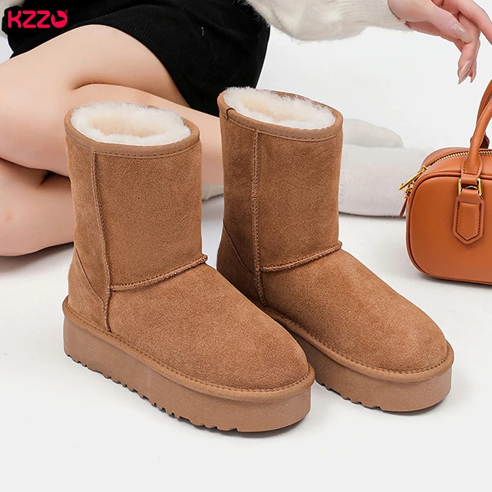 KZZO Women's Genuine Leather Sheepskin Snow Boots Mid-Calf Platform Natural Fur Lined Warm Winter Shoes Australian Style - view 4