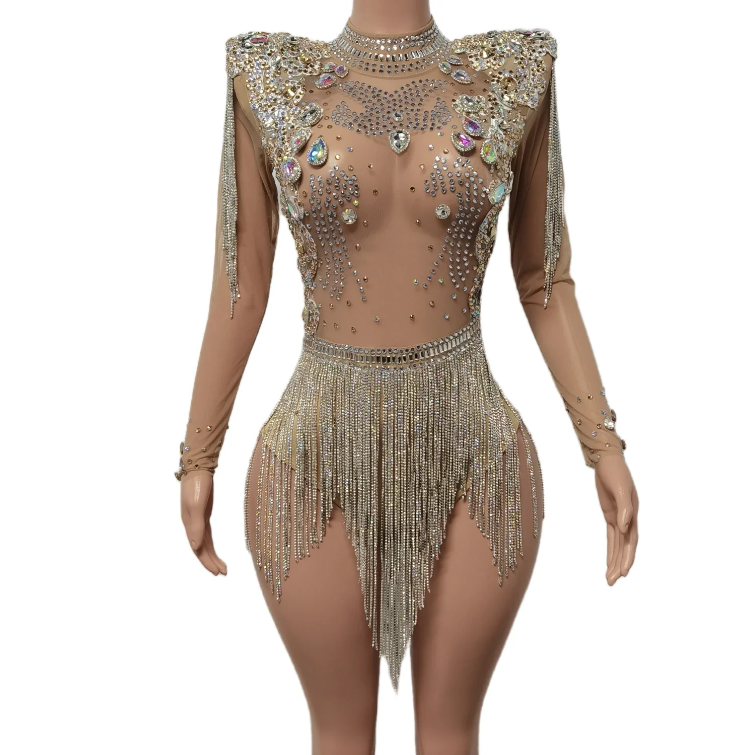 Handmade Women Rhinestone Jumpsuits Fashion Design Sexy Nude Bodysuit See-through Lady Hot  One-pieces Dancing Party Apparel