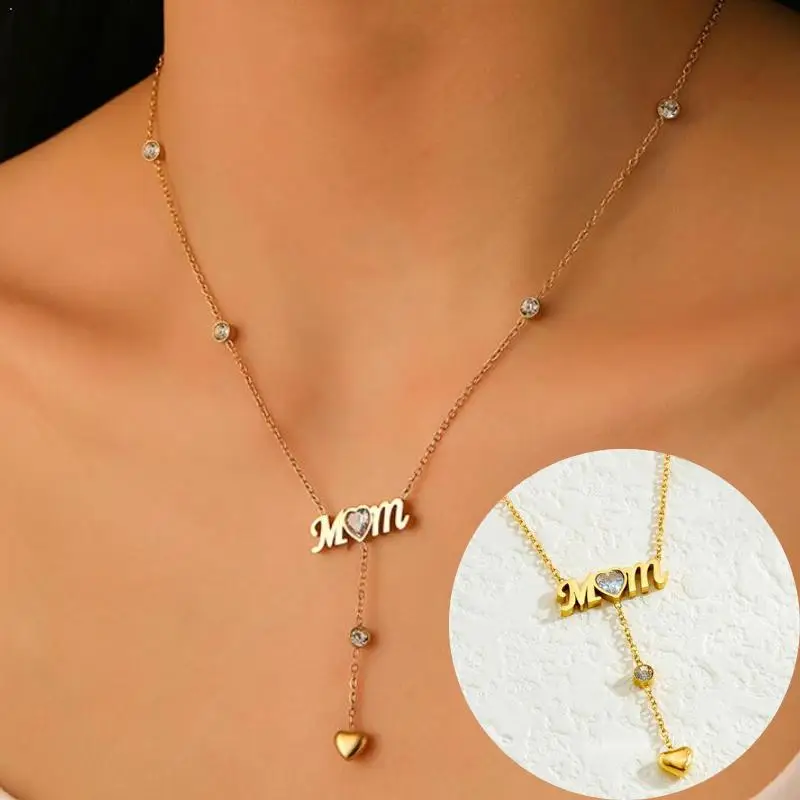 Collar con Letra MomY en Forma de Corazón, Cadena de Clavícula de Acero Inoxidable con Zirconia, Joyería para Mujer, Regalo para el Día de la Madre