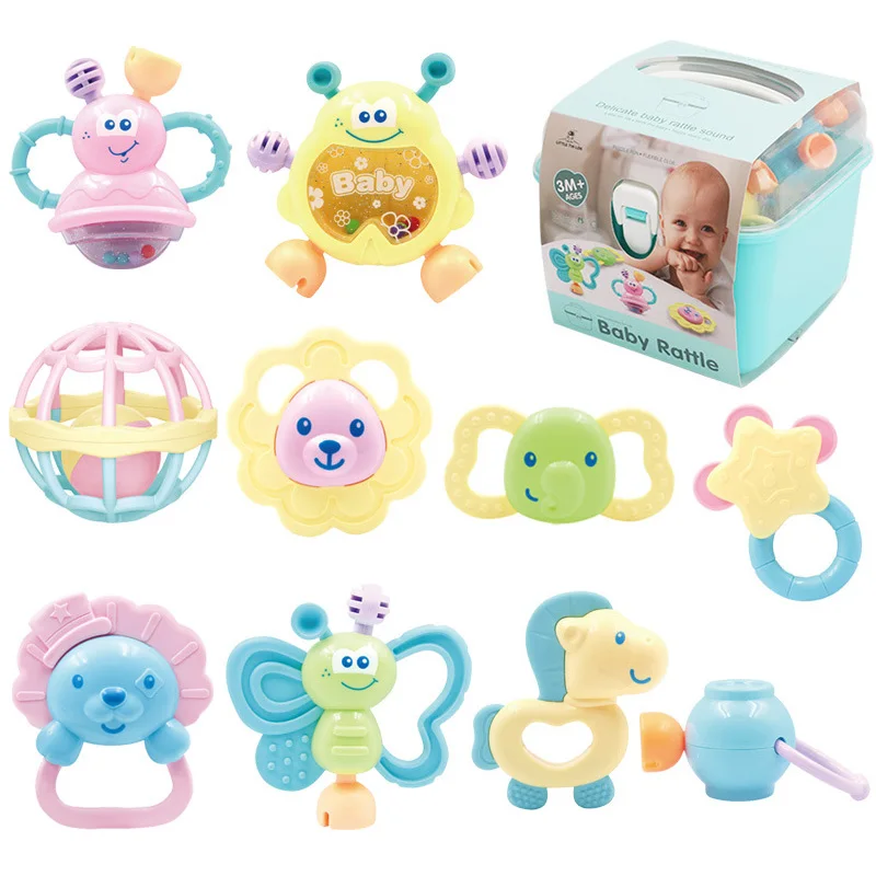 Hochets pour bébé avec boîte de rangement, 10 pièces, jouet sensoriel pour nouveau-né, anneau de dentition, pour fille et garçon, ensemble de cadeaux