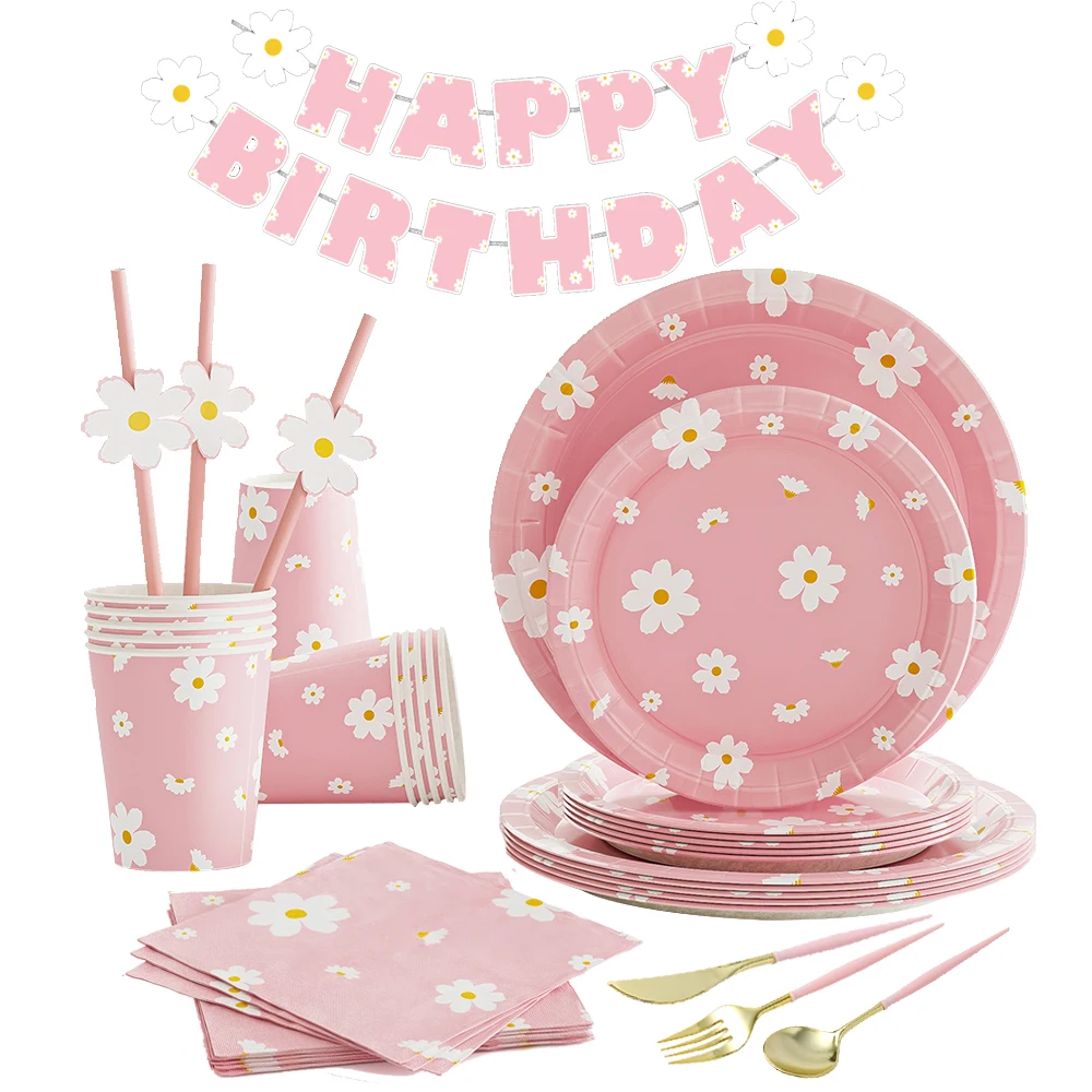 Daisy Themed Birthday Party Decor Pink Descartável Talheres Daisy Paper Plate Guardanapo Banner Daisy Aniversário Chapéu 1 Ano Baby Shower