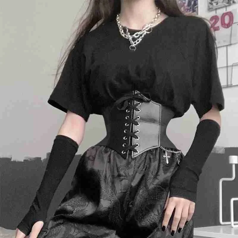 Women's Corset Belt Gothic Fashion PU Leather Female Lace-up Corset Belts Slimming Waist Vintage Corset Black Wide Belt for Girl