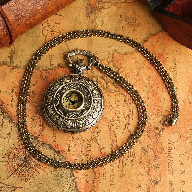 Retro 12 Zodiac Constellations Pocket Watch Bronze World Map Dial Quartz Analog Watches with Necklace Chain Collectible Clock