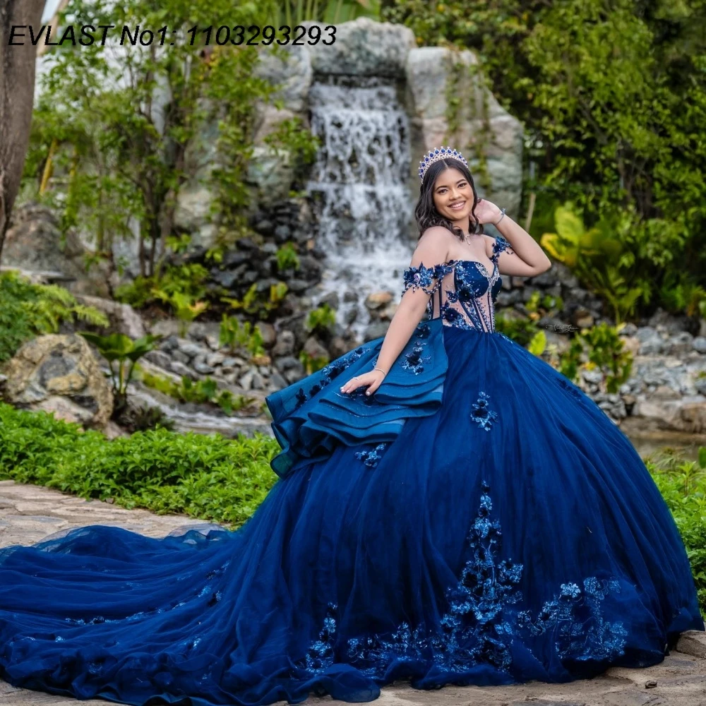

EVLAST Customized 2025 Navy Blue Ball Gown Quinceanera Dress Floral Applique Beading Tiered Sweet 16 Vestidos De 15 Anos E1QN77