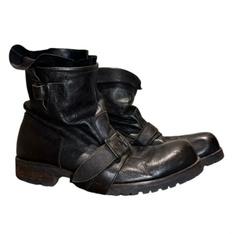 Black Japanese Retro Leather Belted Ankle Boots High-Top Men's Booties Thick Soled Soft Leather Work Boots Stylish Men's Boots