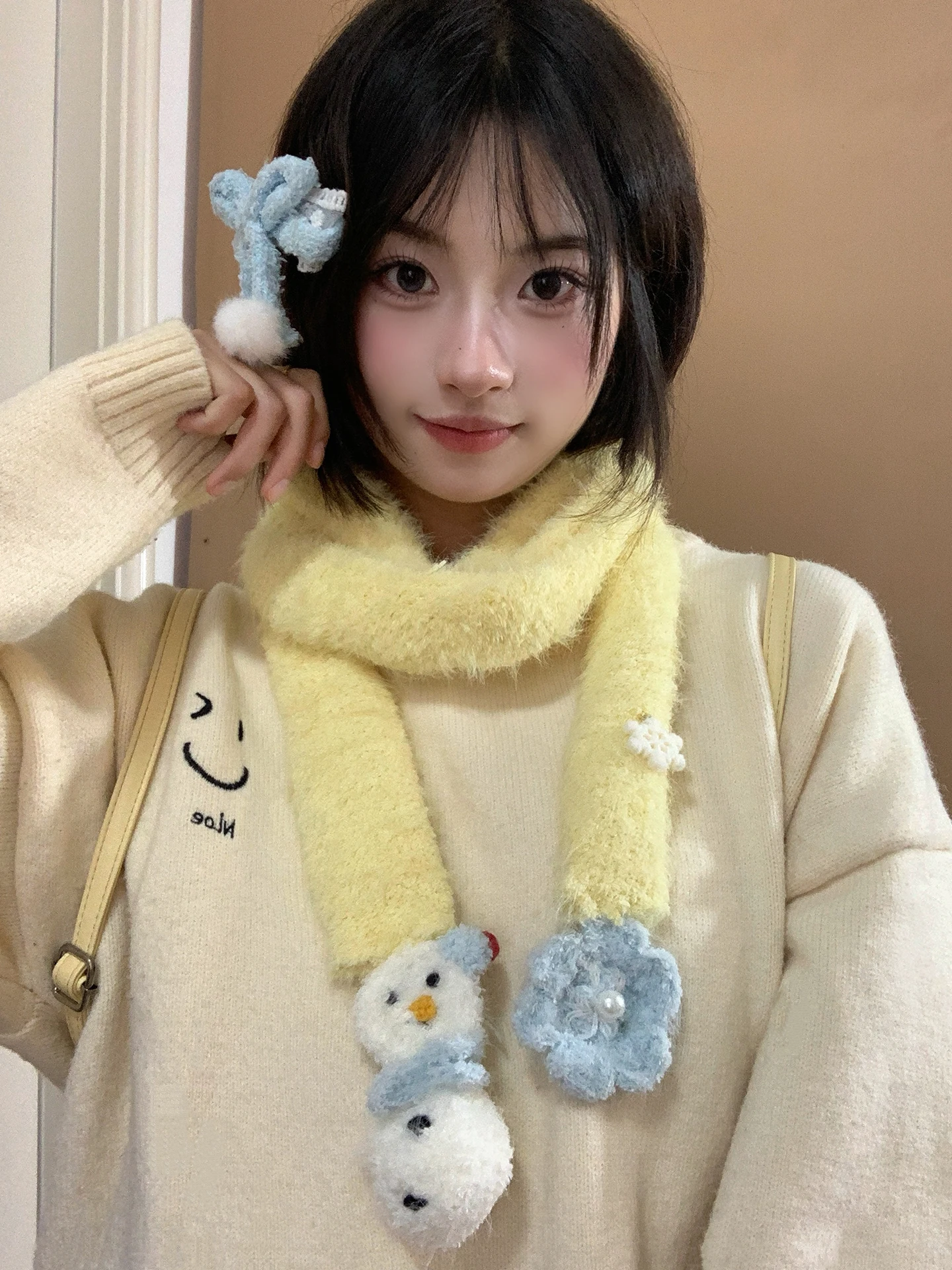 Cute Snowman Plush Scarf Women's Narrow Long Knitted Warm Versatile Student Neck Protection Decorative Scarf for Autumn Winter