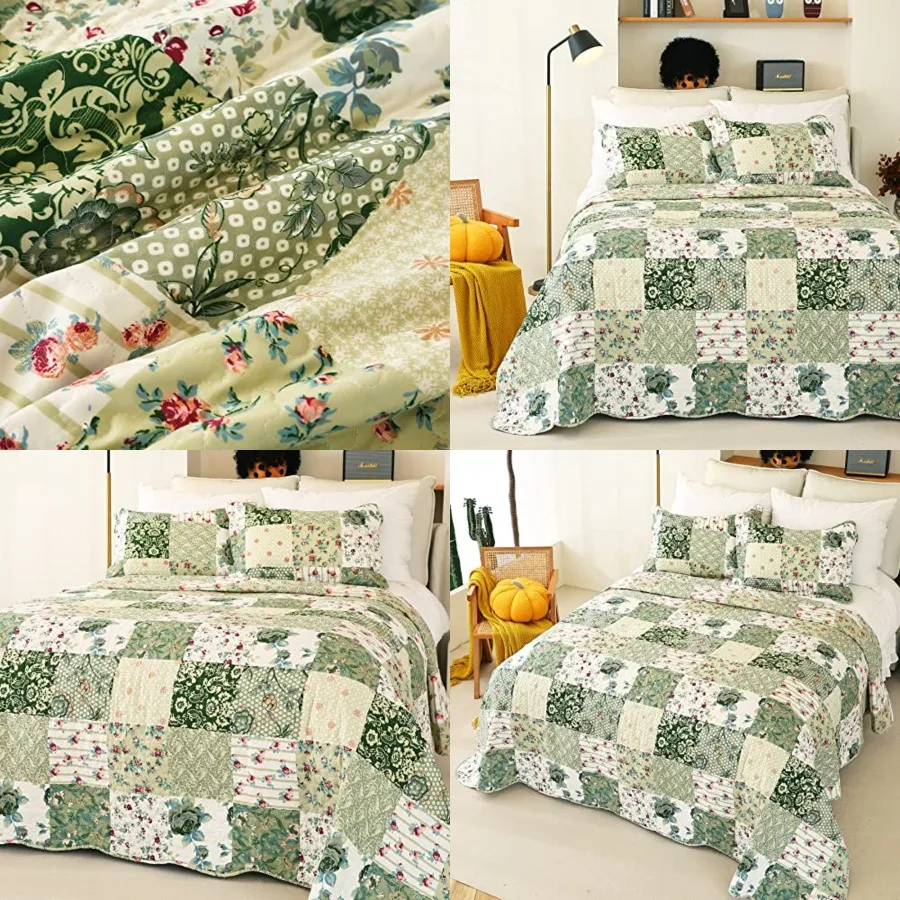 

Summer Floral Queen Quilted Bedspread,Romantic Green Quilt Set,Reversible Stitched Bedding Cover All Season,Soft Lightweight Coverlet with Pillow Cases (Green&White, Queen90 x90)