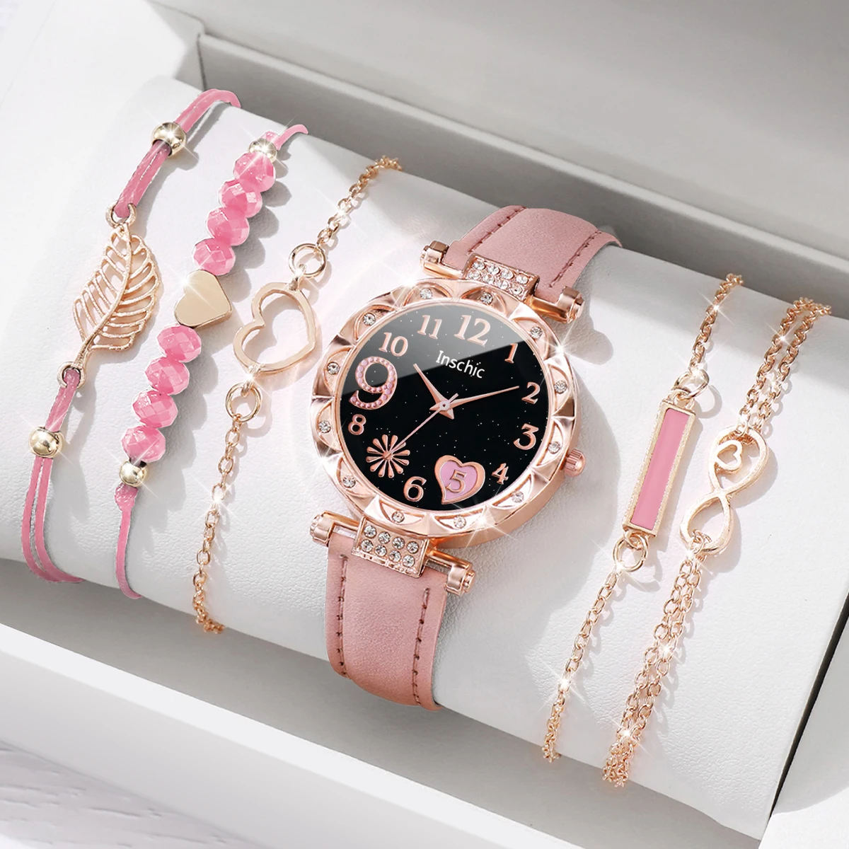 6 unids/set reloj de mujer con esfera de corazón a la moda, correa de cuero informal, reloj de cuarzo analógico, conjunto de pulseras de hojas (sin caja)