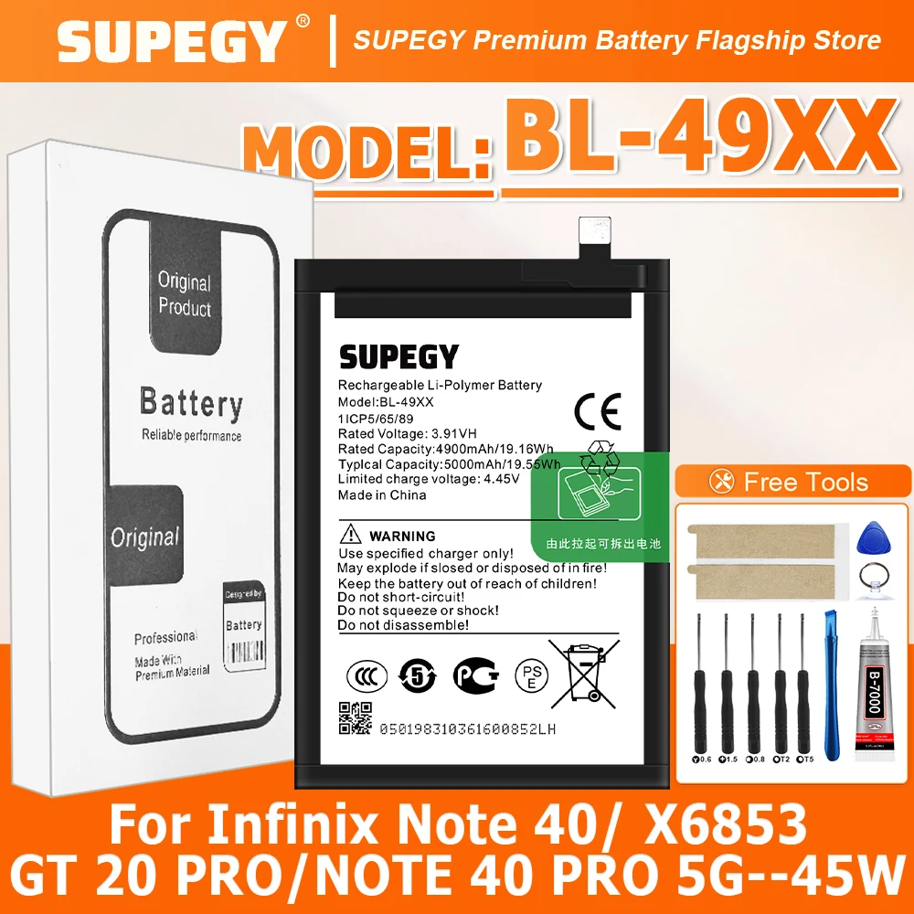 

100% новый аккумулятор высокой емкости 5000 мАч BL-49XX для Infinix Note 40/ X6853/GT 20 PRO/NOTE 40 PRO 5G--45W, батареи для мобильных телефонов